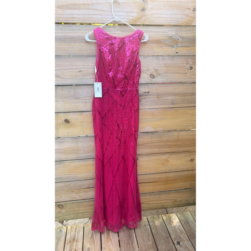 Vestigora Hot Pink Sequin Geometric Sleeveless Maxi Gown V-Back Formal Dress
